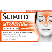 (Orange) Sudafed Sinus Max Strength Capsules, Relieves Sinus Pressure and Pain, Relieves symptoms of Blocked Nose, Headache