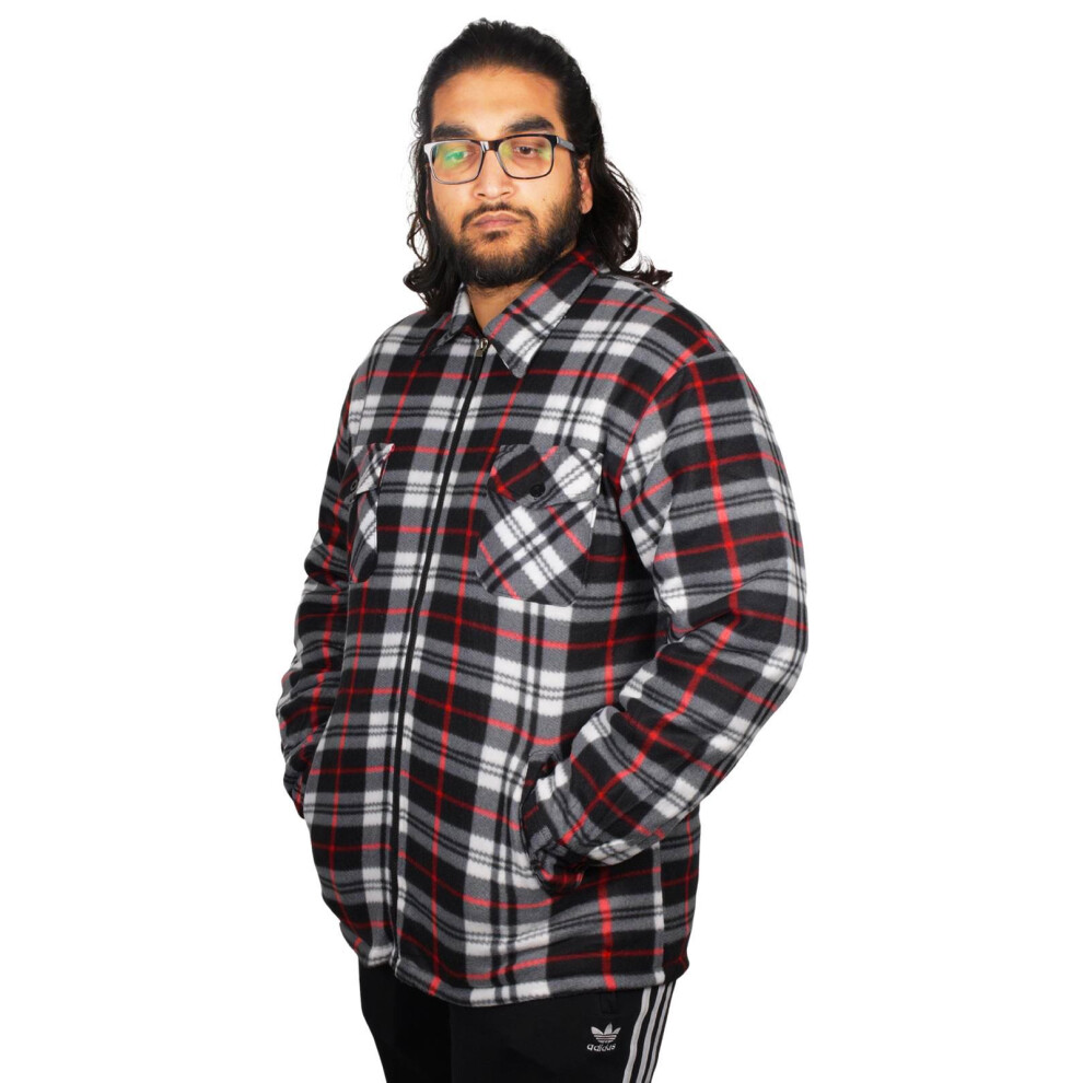 (Grey Red, L) Mens Sherpa Shirt Lumberjack Jacket Workwear Top