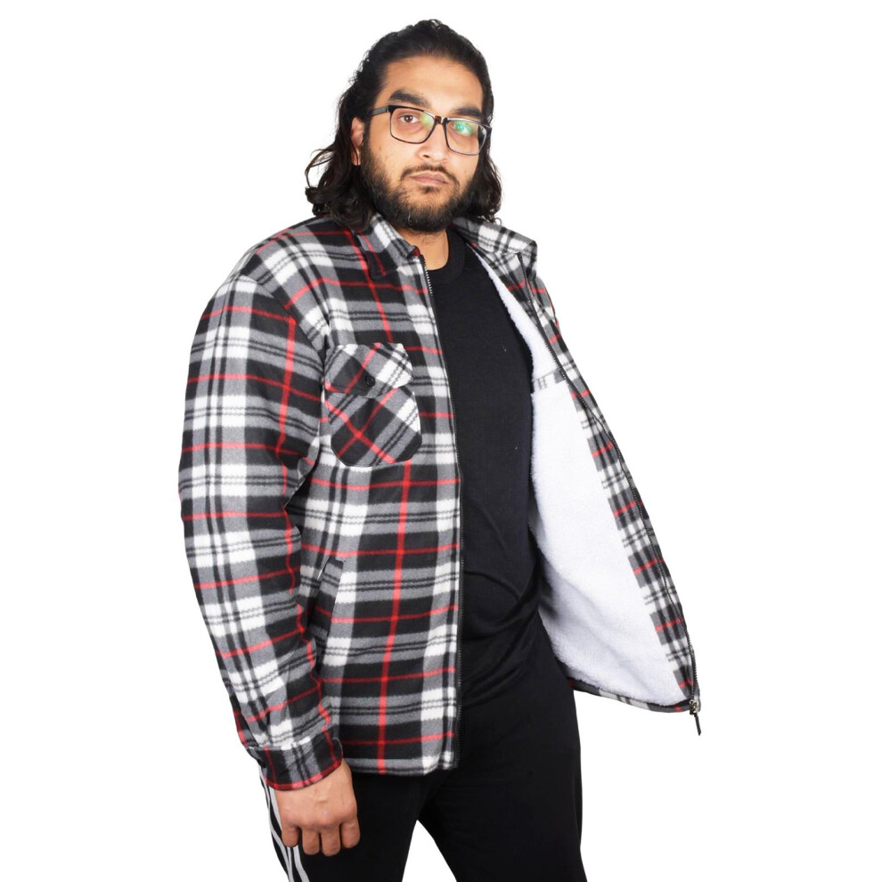 (White Red, 3XL) Mens Sherpa Shirt Lumberjack Jacket Workwear Top