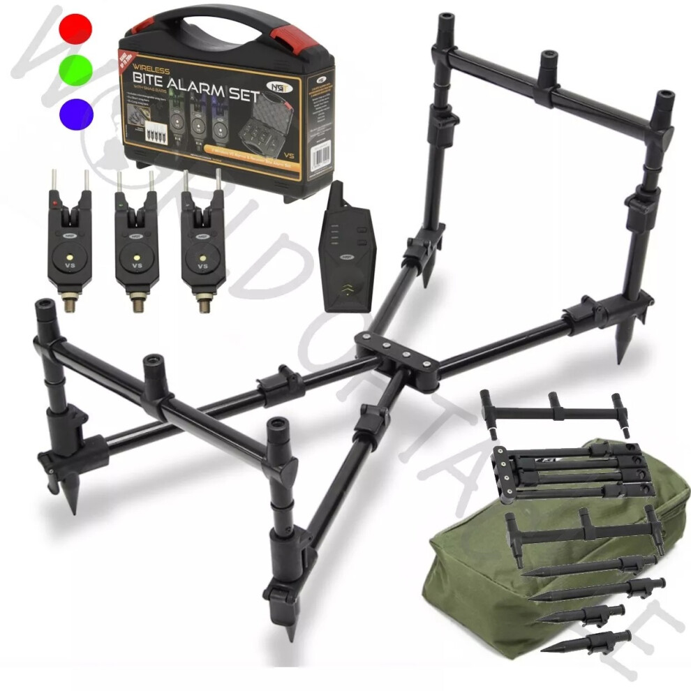 Rod Pod Carp Fishing 3 Rod Nomad NGT AND Wireless Bite Alarm Set and Receiver