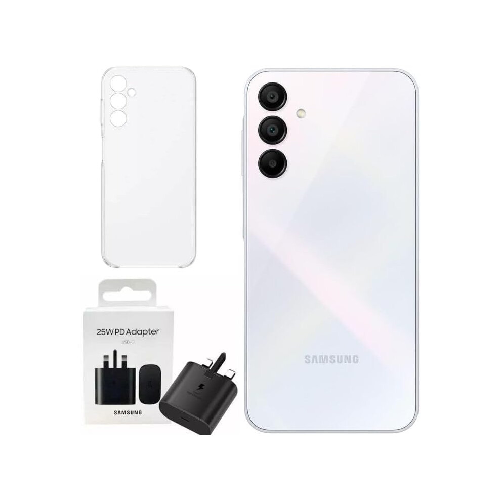 (Light Blue) Samsung Galaxy A15 4G 128/6GB RAM Dual Sim, Unlocked to all Carrier, with official 25W UK Adapter (EP-T2510) Retail Pack and Clear Case