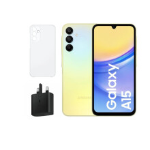 (Yellow) Samsung Galaxy A15 4G 128/6GB RAM Dual Sim, Unlocked to all Carrier, with official 25W UK Adapter (EP-T2510) Retail Pack and Clear Case - Refurbished