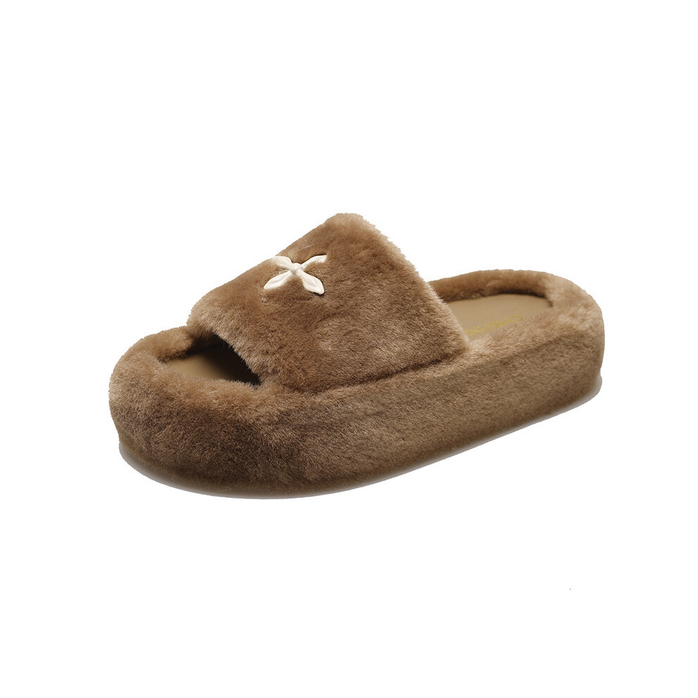(Khaki, 39) New Stylish Womens Plush Slide Slippers With Thick Sole Soft Bottom For Comfort-image-OPC-PFJKHDD-NEW