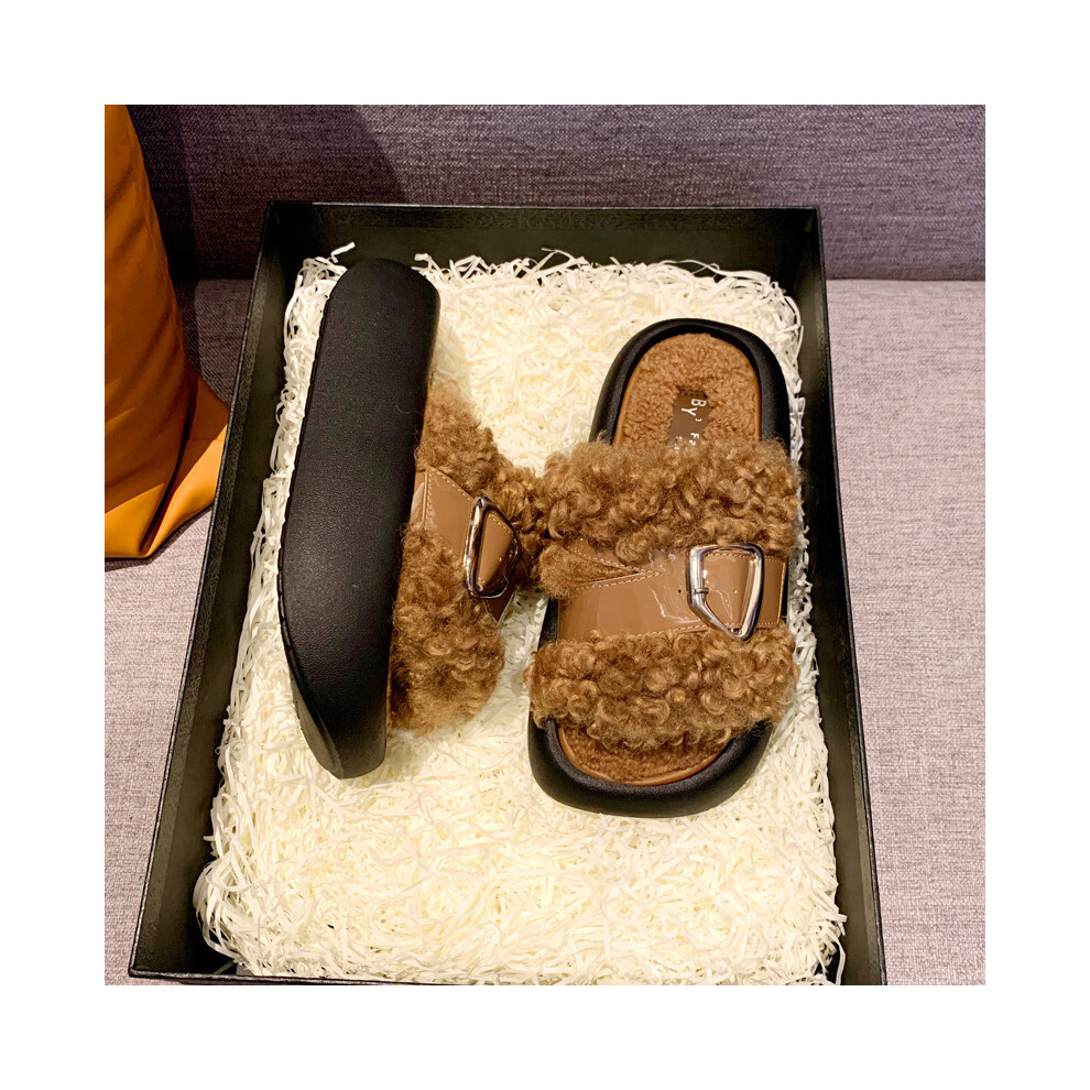 (Coffee, 37) Womens Fashionable Cozy Onestrap Slippers With Soft Faux Fur And Thick Sole In Cream Black Coffee-image-OPC-PFJKQSR-NEW