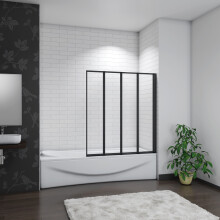 (900x1400mm-4Fold) Matt Black Bath Screen Shower 4mm Glass Panel