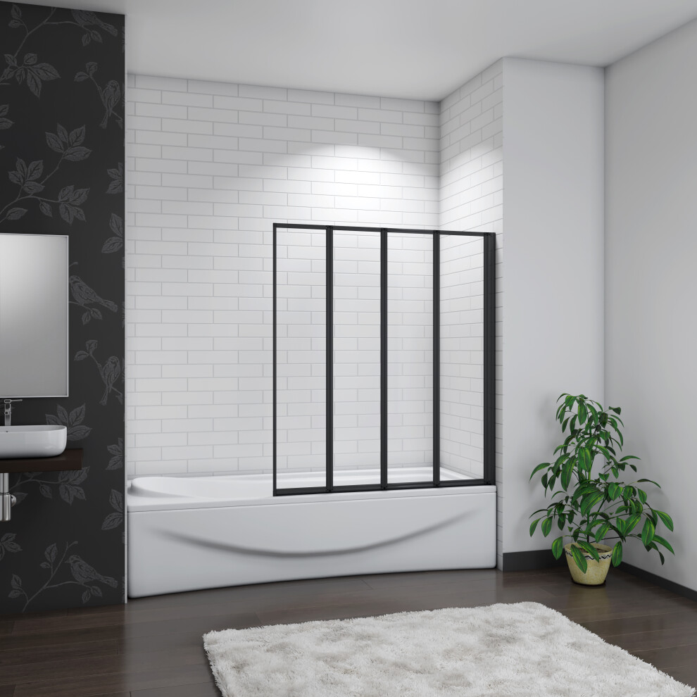 (900x1400mm-4Fold) Matt Black Bath Screen Shower 4mm Glass Panel