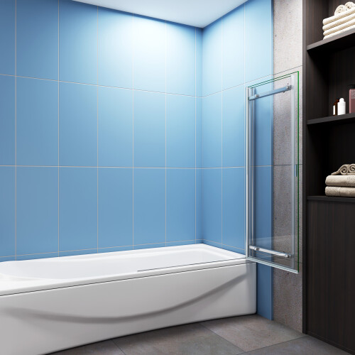 Sliding Bath Screen: Fixed Pivot Double-Panel Shower Doors, 900x1400mm, 6mm Tempered Glass, Universal Left/Right Fit, Chrome Frame 1