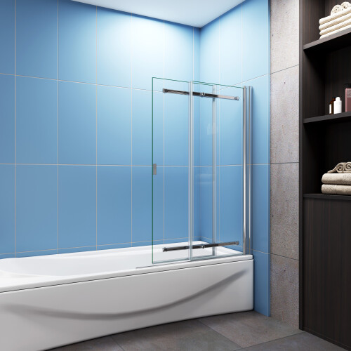 Sliding Bath Screen: Fixed Pivot Double-Panel Shower Doors, 900x1400mm, 6mm Tempered Glass, Universal Left/Right Fit, Chrome Frame 2