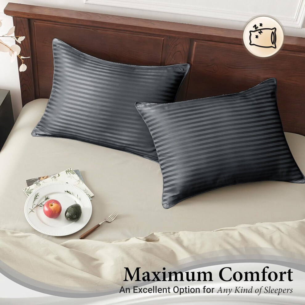 (Stripe Pillowcases Pair, Charcoal) Extra Deep 40CM Fitted Sheets Hotel Quality Stripe Bedsheet-image-OPC-PFJMS2C-NEW