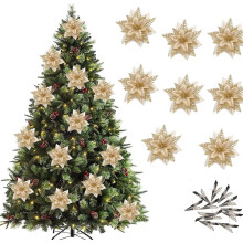 (Gold) 12Pcs Christmas Poinsettia Flower Artificial Pointsettia with Clips Christmas Glitter Poinsettia Ornaments Christmas Tree Flower Decorations