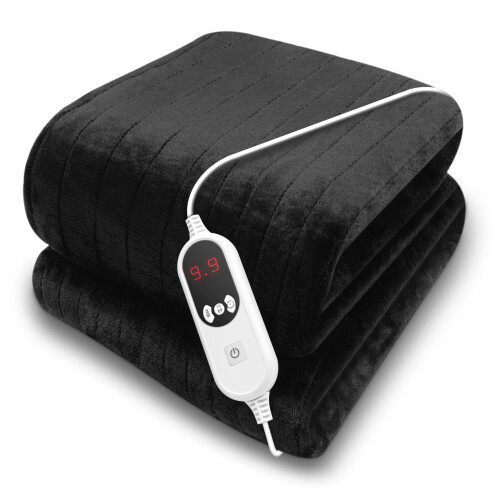 Purus Black Deluxe Electric Heated Throw 160x120cm, Soft Fleece, 9 Heat & 12HR Timer Settings, Washable