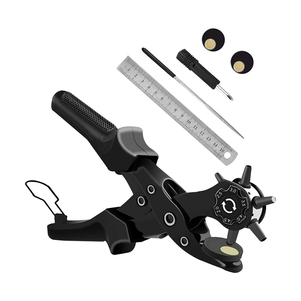 Leather Punch Pliers [Upgraded], Leather Hole Punch with Dial Hole Size, Professional Belt Punch with Grinding Shank (Black)