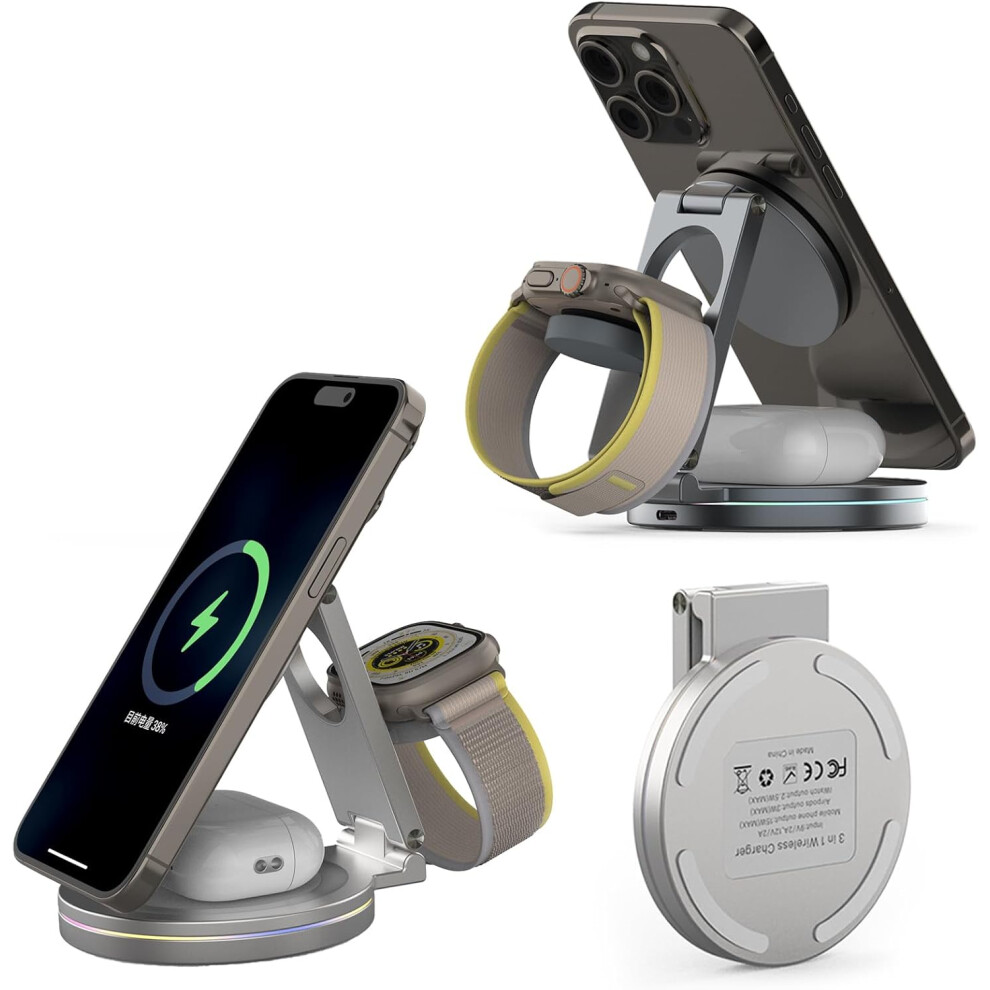 Chronus Foldable 360º Rotatable 3-In-1 Magnetic Wireless Charger,3 In 1 Charging Station,Charging Stand,15W For Iphone 12-16,5W For Iwatches, 6976918038500