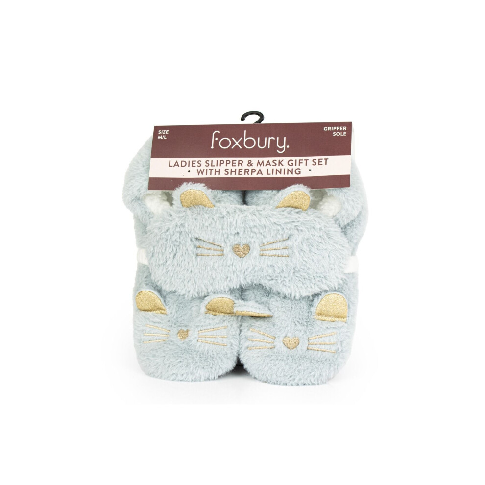 (M/L, Grey) Foxbury Womens/Ladies Cat Slipper & Mask Set