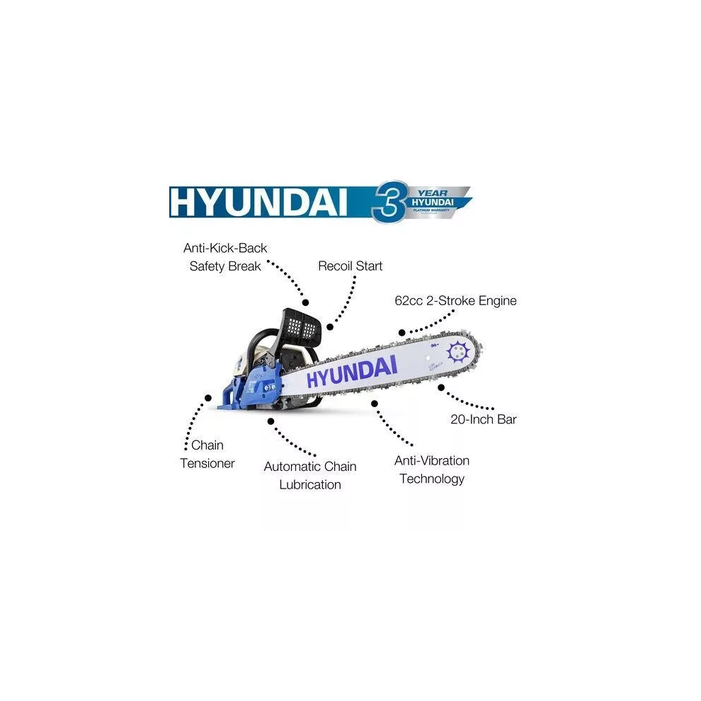 Hyundai Petrol Chainsaw 20" 50 cm Bar 62cc 2-Stroke Easystart HYC6200X