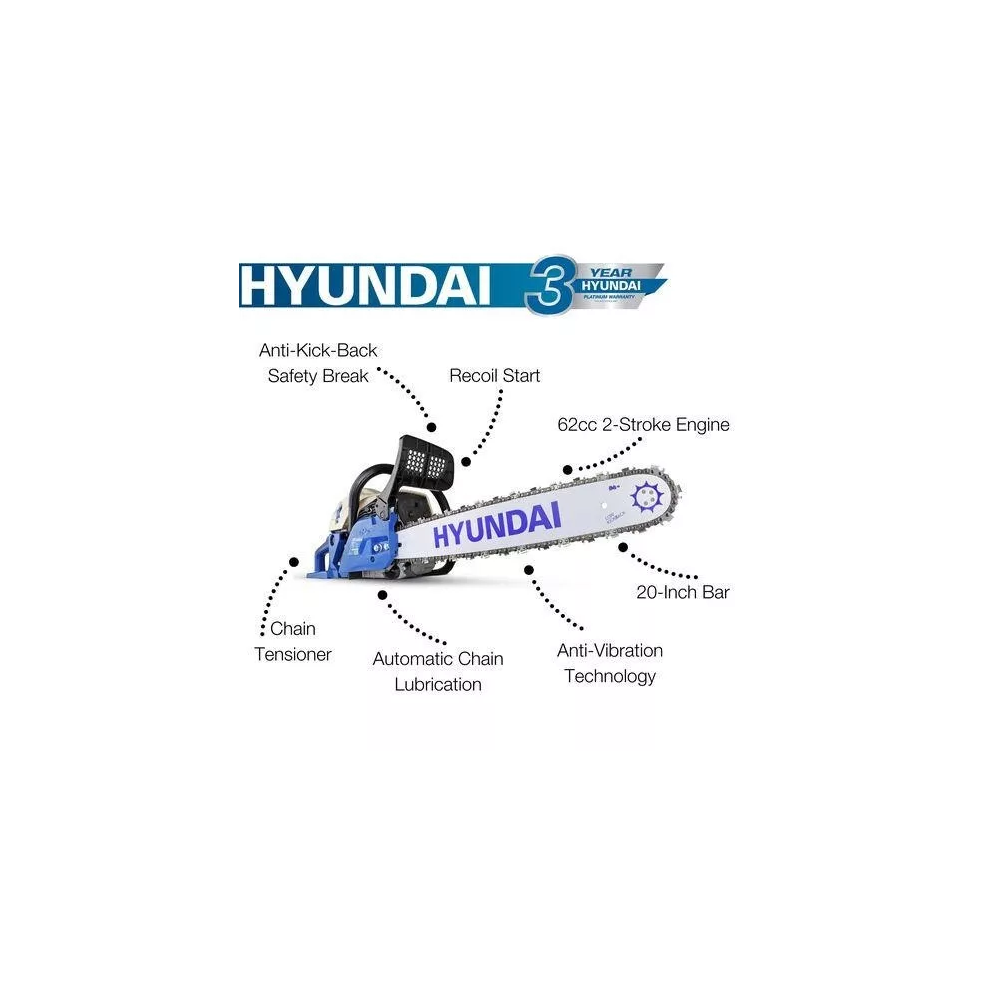 Hyundai Petrol Chainsaw 20" 50 Cm Bar 62Cc 2-Stroke Easystart Hyc6200x