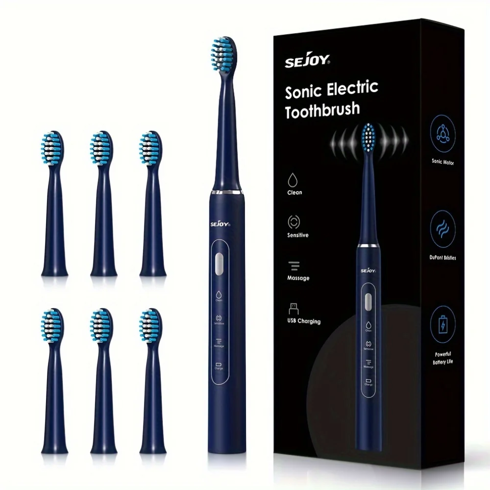 Sejoy Electric Sonic Toothbrush - Rechargeable with 6 Heads & 3 Modes