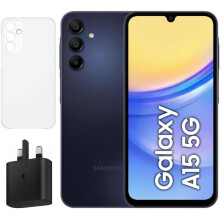 (Blue Black) Samsung Galaxy A15 5G 6GB Ram 128GB Dual Sim, Unlocked to all Carrier, with official 25W UK Adapter (EP-T2510) Retail Pack and Clear Case - Refurbished