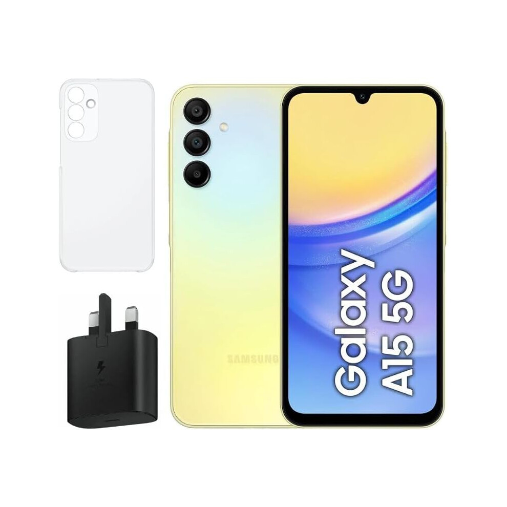 (Yellow) Samsung Galaxy A15 5G 6GB Ram 128GB Dual Sim, Unlocked to all Carrier, with official 25W UK Adapter (EP-T2510) Retail Pack and Clear Case