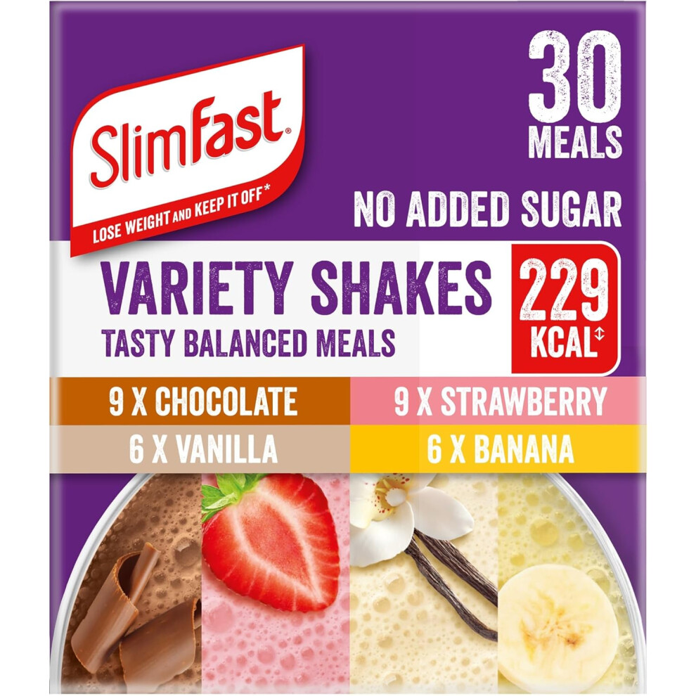 (SlimFast Variety Shakes Sachet Assorted Box, Tasty Shakes for Balanced Diet, Chocolate, Strawberry, Vanilla and Banana F) SlimFast Meal Replacement S