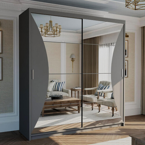 MN Furniture (Grey , 150 cm ) Stylish Sliding wardrobe with Curved Mirror