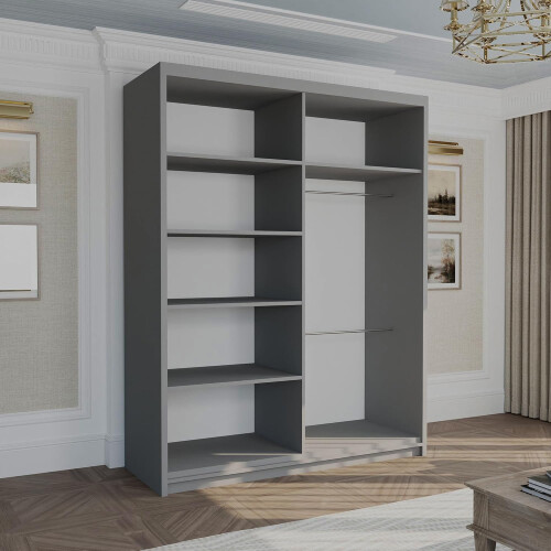 MN Furniture (Grey , 150 cm ) Stylish Sliding wardrobe with Curved Mirror 1