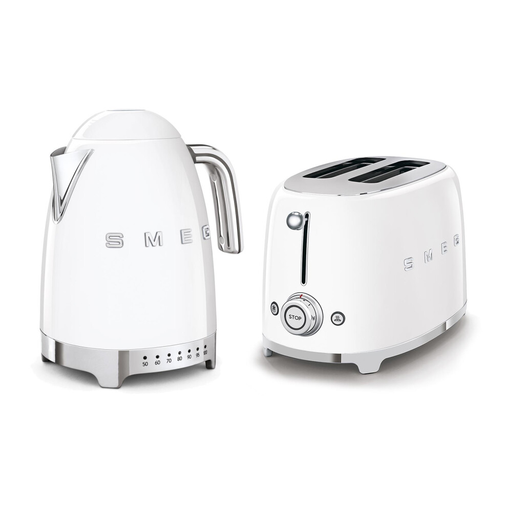 Smeg 50's Style Retro Range Breakfast Set, 1.7L 3000W Variable Temperature Kettle and 2-Slice 950W Toaster, White