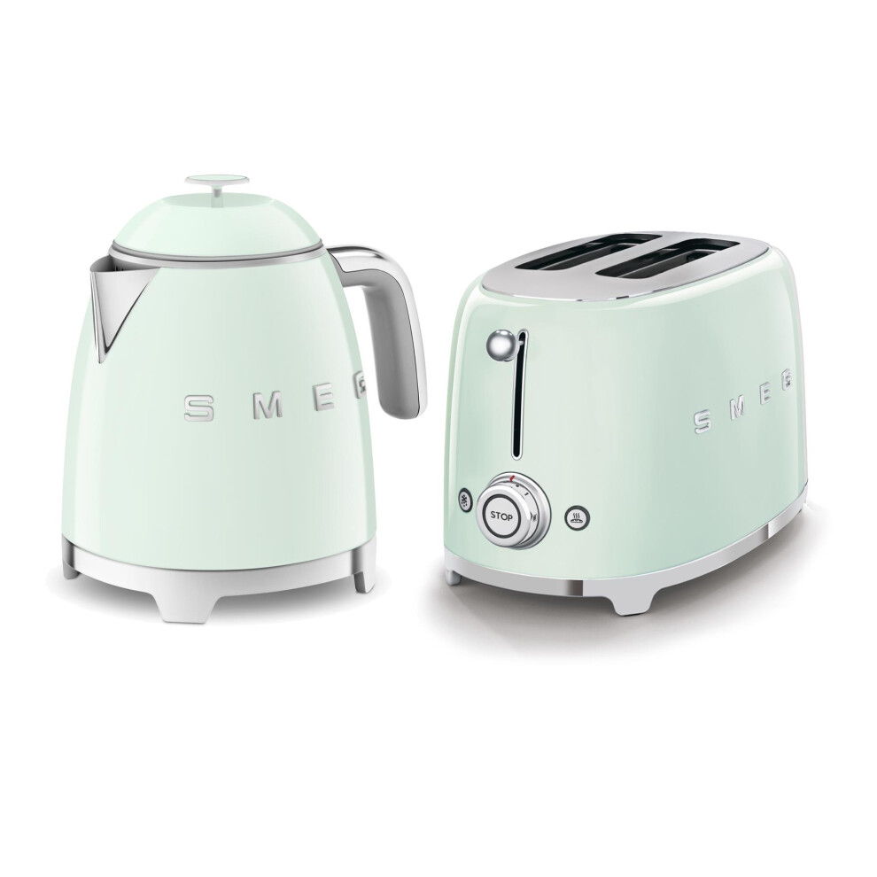 Smeg 50's Style Retro Range Breakfast Set, Mini Kettle 0.8L 1.4Kw and 2-Slice 950W Toaster, Pastel Green