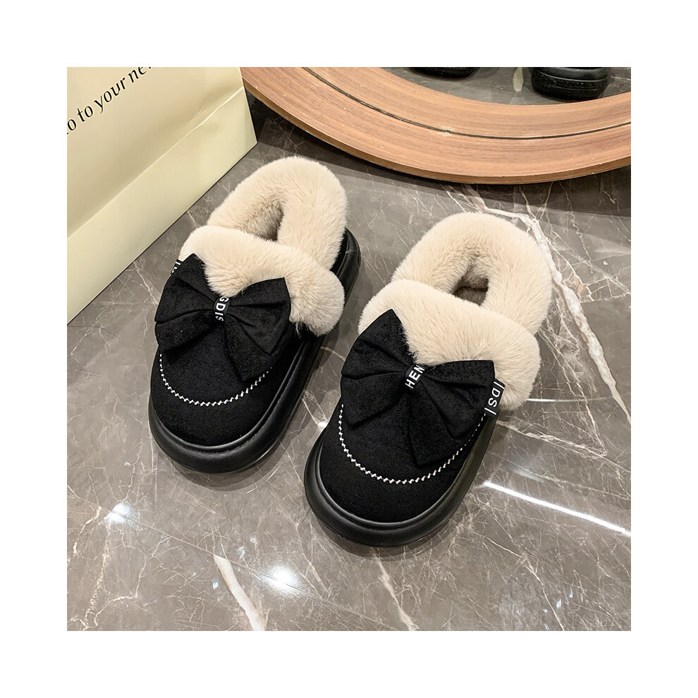 (Black, 3839) Warm And Cozy Womens Thick Sole Butterfly Knot Slippers For Winter Comfort-image-OPC-PFJQF6C-NEW