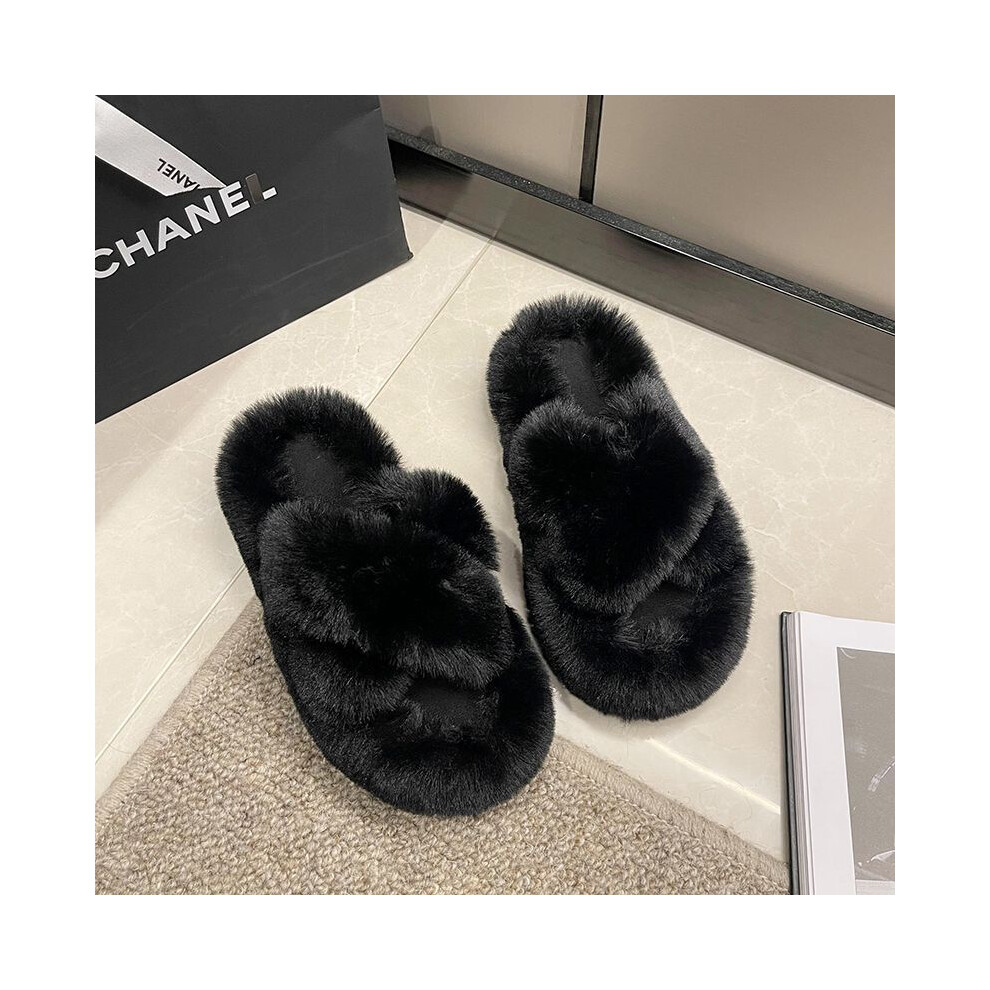 (Black, 37) Trendy Korean Style Cross Strap Furry Slippers For Women Ideal For Autumn And Winter-image-OPC-PFJQFCW-NEW