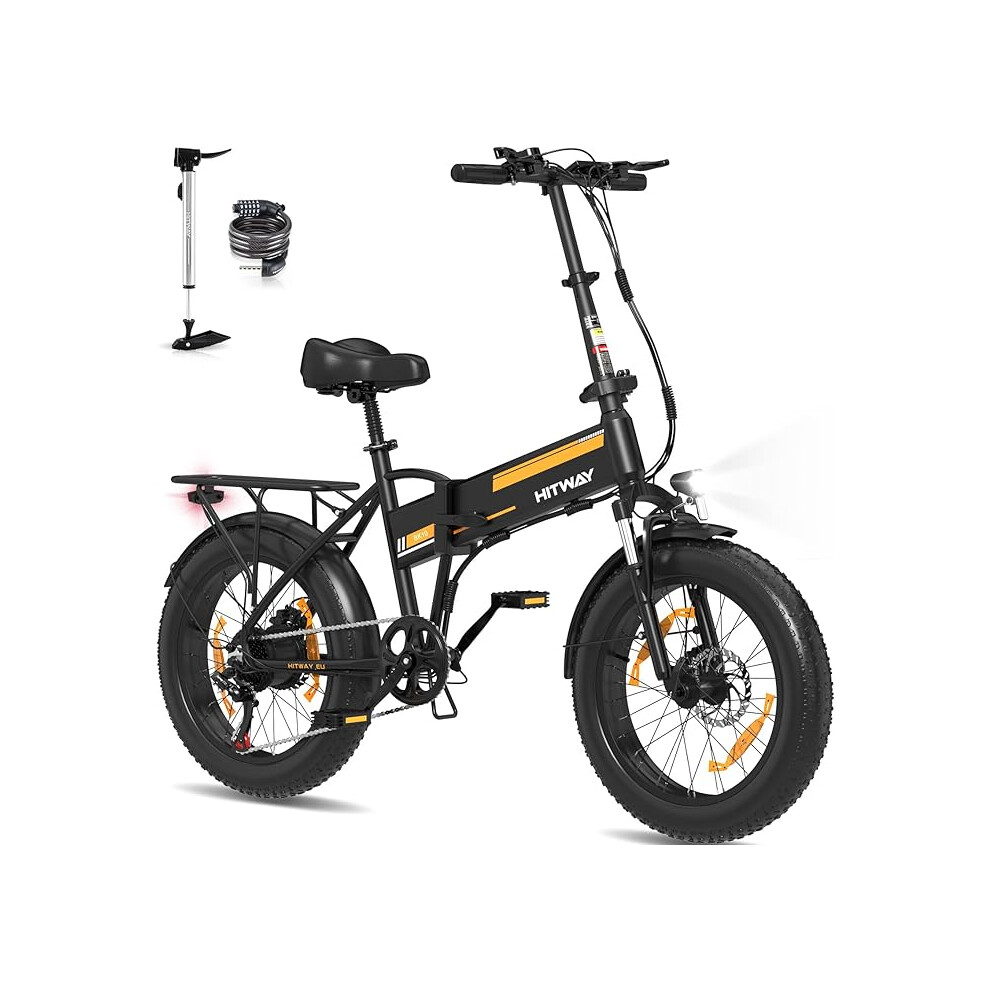 (Orange) HITWAY 20X4.0 Electric Bike, Off-Road e bike Upgrade 48V 13Ah Battery 55-120KM, 250W Motor, 7-Speed foldable electric bicycle, Aluminum Frame