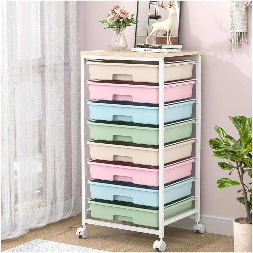 (Multicolor) 8 Drawers Rolling Storage Trolley, Utility Storage Cart on Lockable Wheels with Plastic Drawers