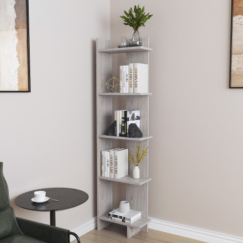 Living And Home 5 Tier Regin Wood Corner Bookcase Modern Unit Book shelf