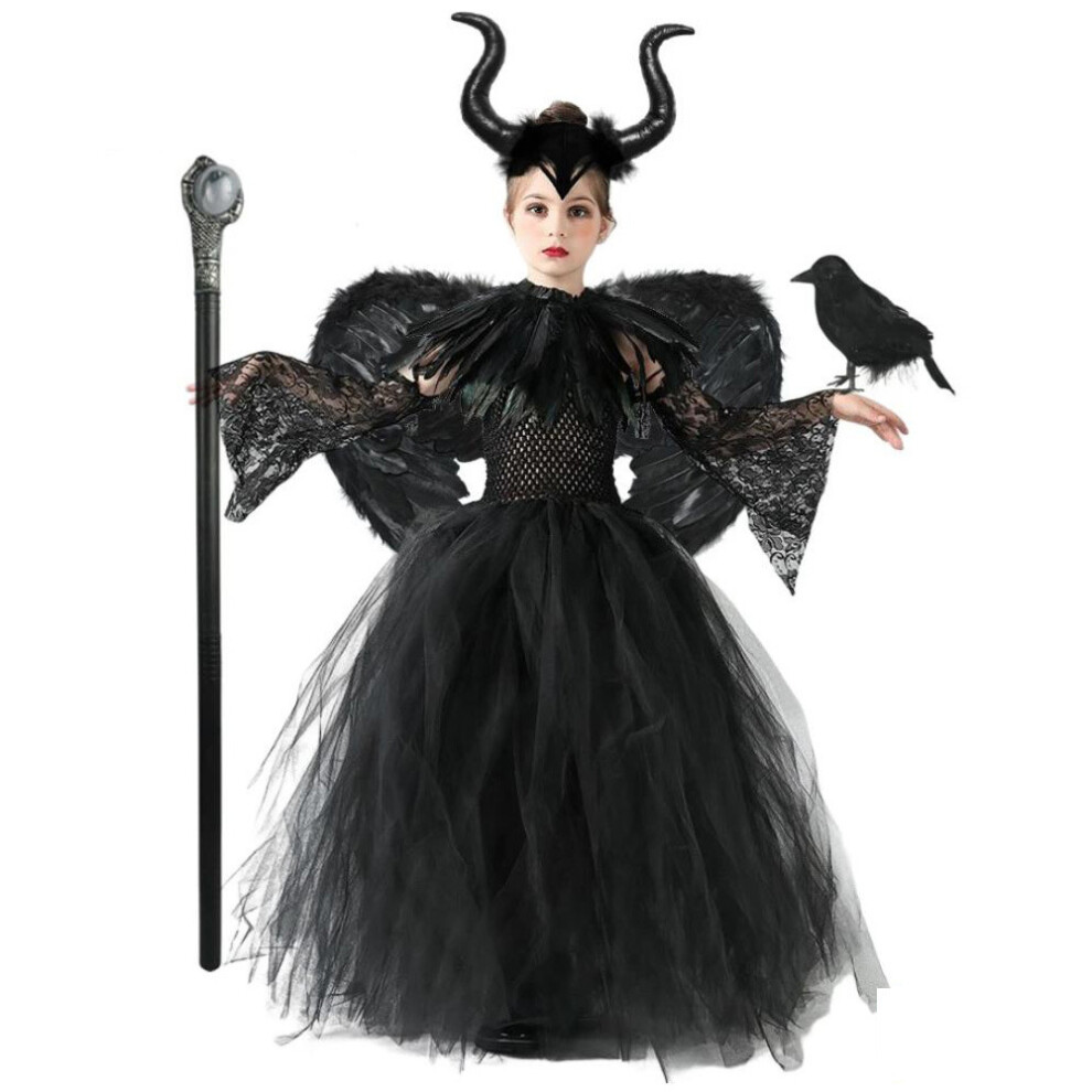(140Cm) Maleficent Dress Children Evil Queen Fairy Halloween Black