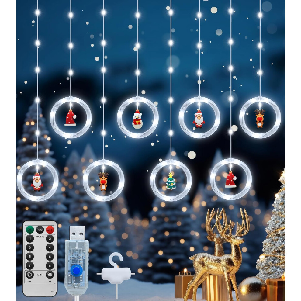 (Cool White) Christmas Window Lights, LED Curtain String Lights for Indoor with Remote, 8 Modes, USB Powered,Xmas Fairy Lights for Party,Bedroom Decorations