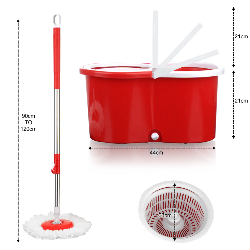 (RED) 360° MOP BUCKET SET FLOOR MAGIC SPIN DRY MOP BUCKET SET WITH 2 MICROFIBER HEADS