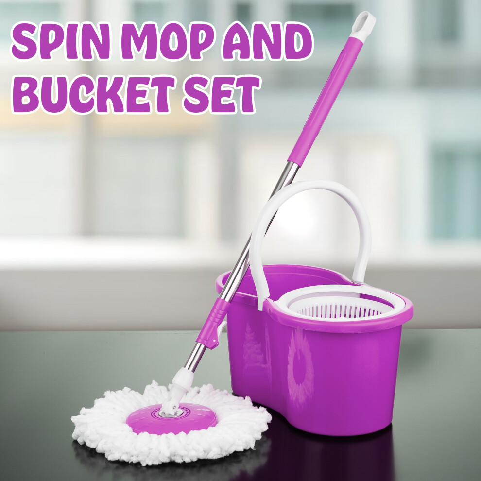 360° Spin Floor Mop Bucket Set Microfibre 2 Heads Wringer Home Industrial Floor