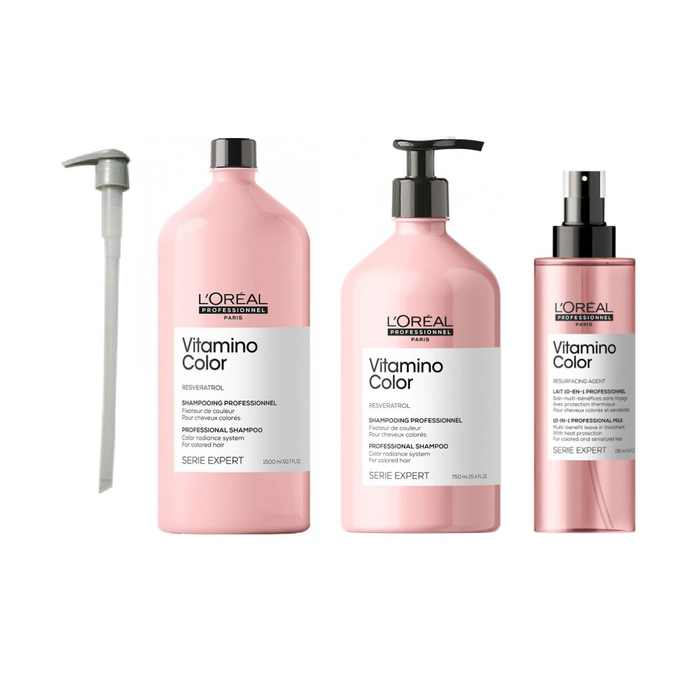 L'Oreal Serie Expert Vitamino Color - Pump - Shampoo 1500ml - Conditioner 750ml - Leave In Treatment 190ml