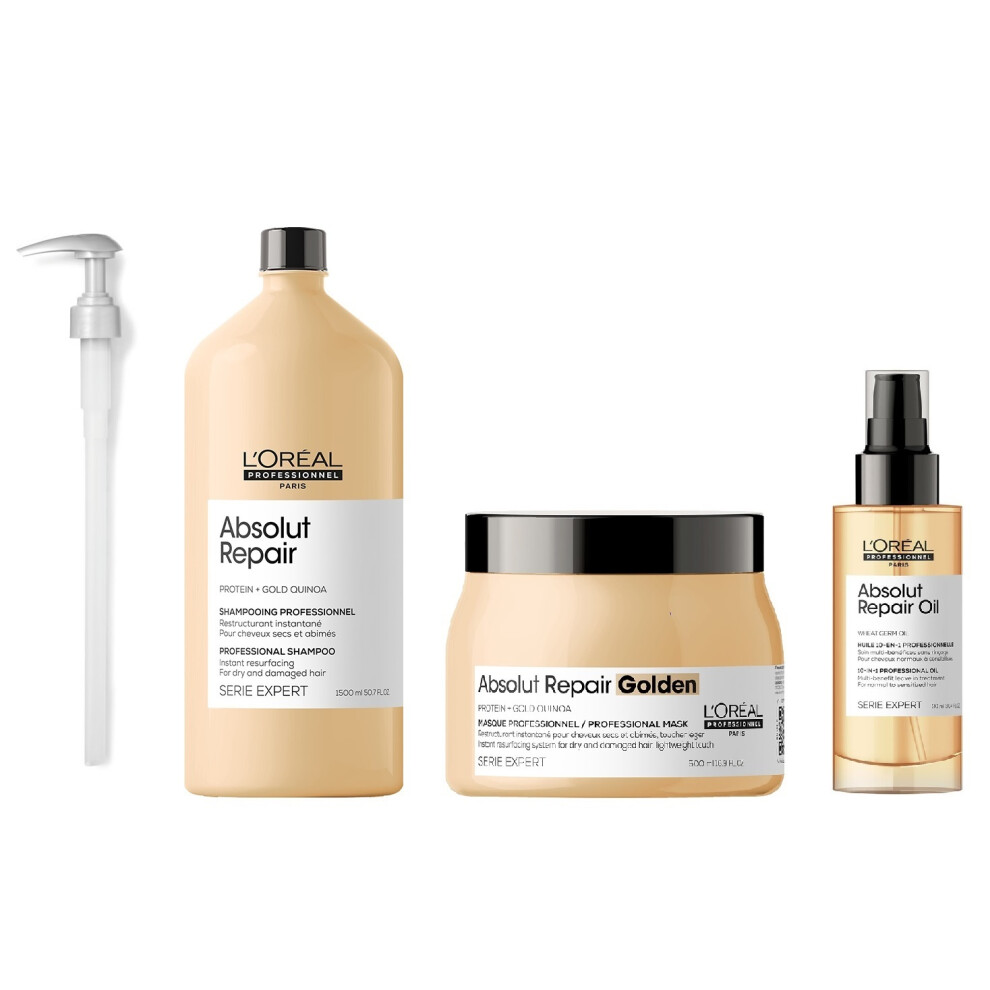 L'Oreal Serie Expert Absolut Repair - Pump - Shampoo 1500ml - Golden Mask 500ml - Repair Oil 90ml