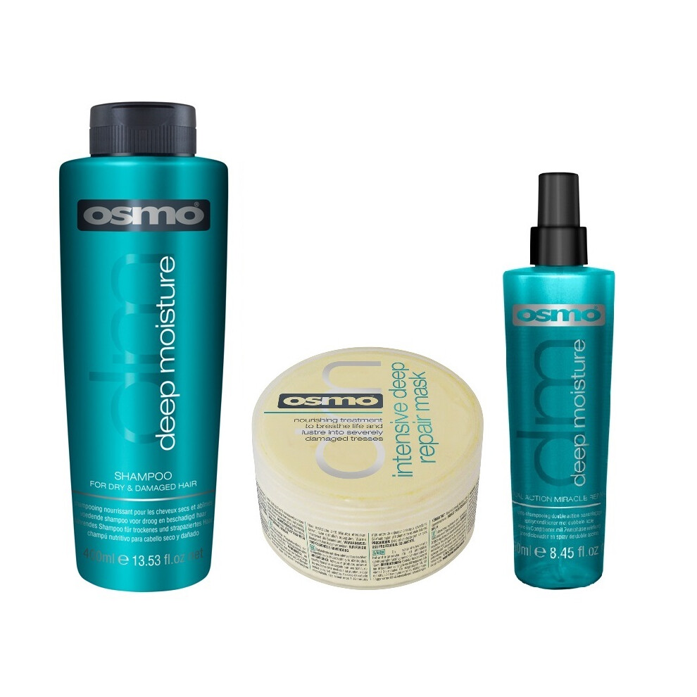 Osmo Deep Moisture Shampoo 400ml, Deep Repair Mask 100ml and Miracle Repair 250ml