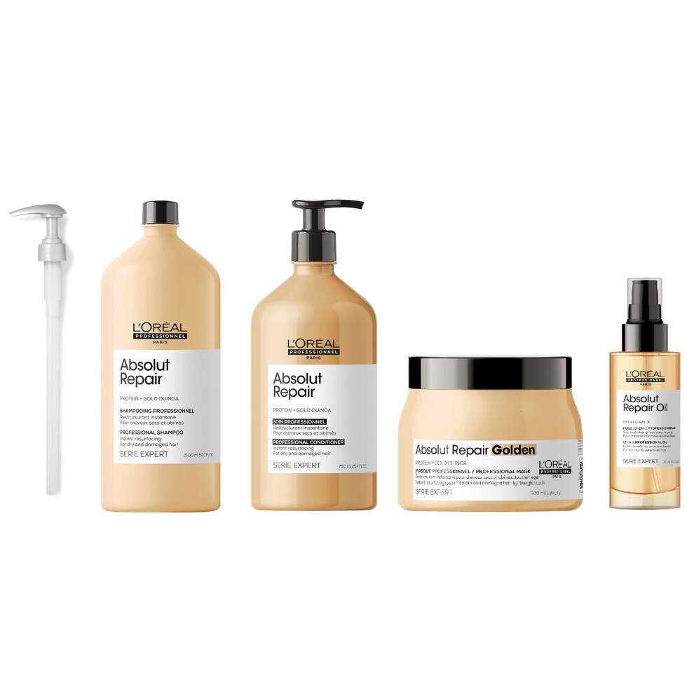 L'Oreal Serie Expert Absolut Repair - Pump - Shampoo 1500ml - Conditioner 750ml - Golden Mask 500ml - Repair Oil 90ml