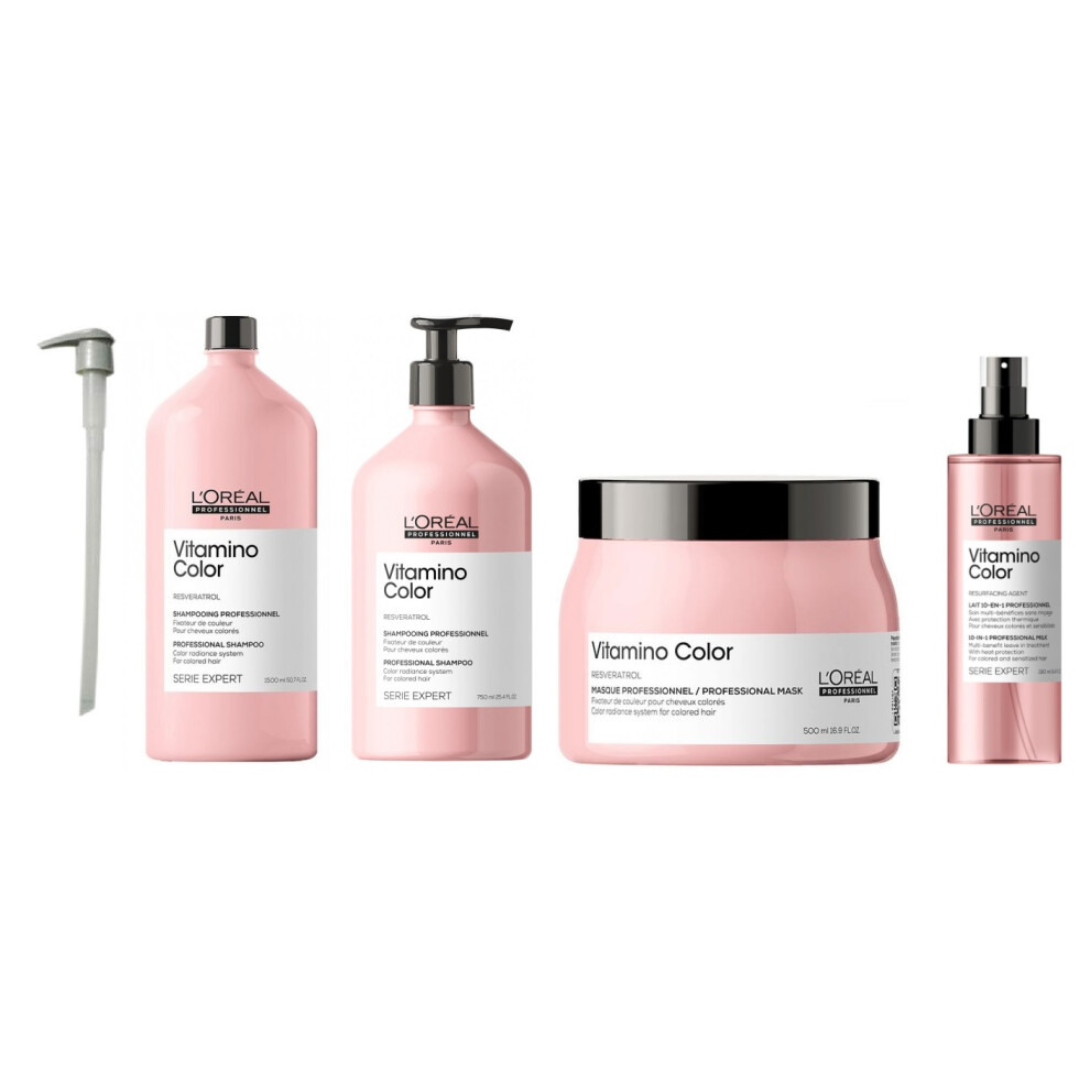 L'Oreal Serie Expert Vitamino Color - Pump - Shampoo 1500ml - Conditioner 750ml - Mask 500ml - Leave In Treatment 190ml