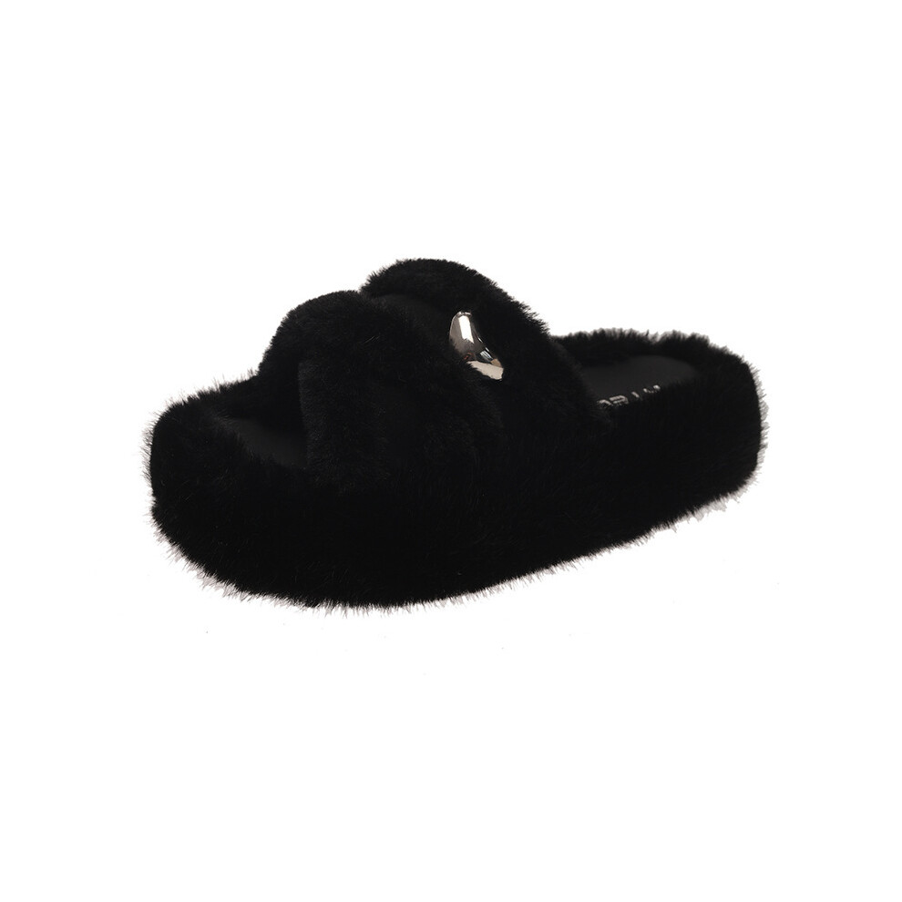 (Black, 35) Warm And Soft Pu Upper Heart Cross Strap Slippers For Women Trendy Fall Fashion-image-OPC-PFJS8R6-NEW