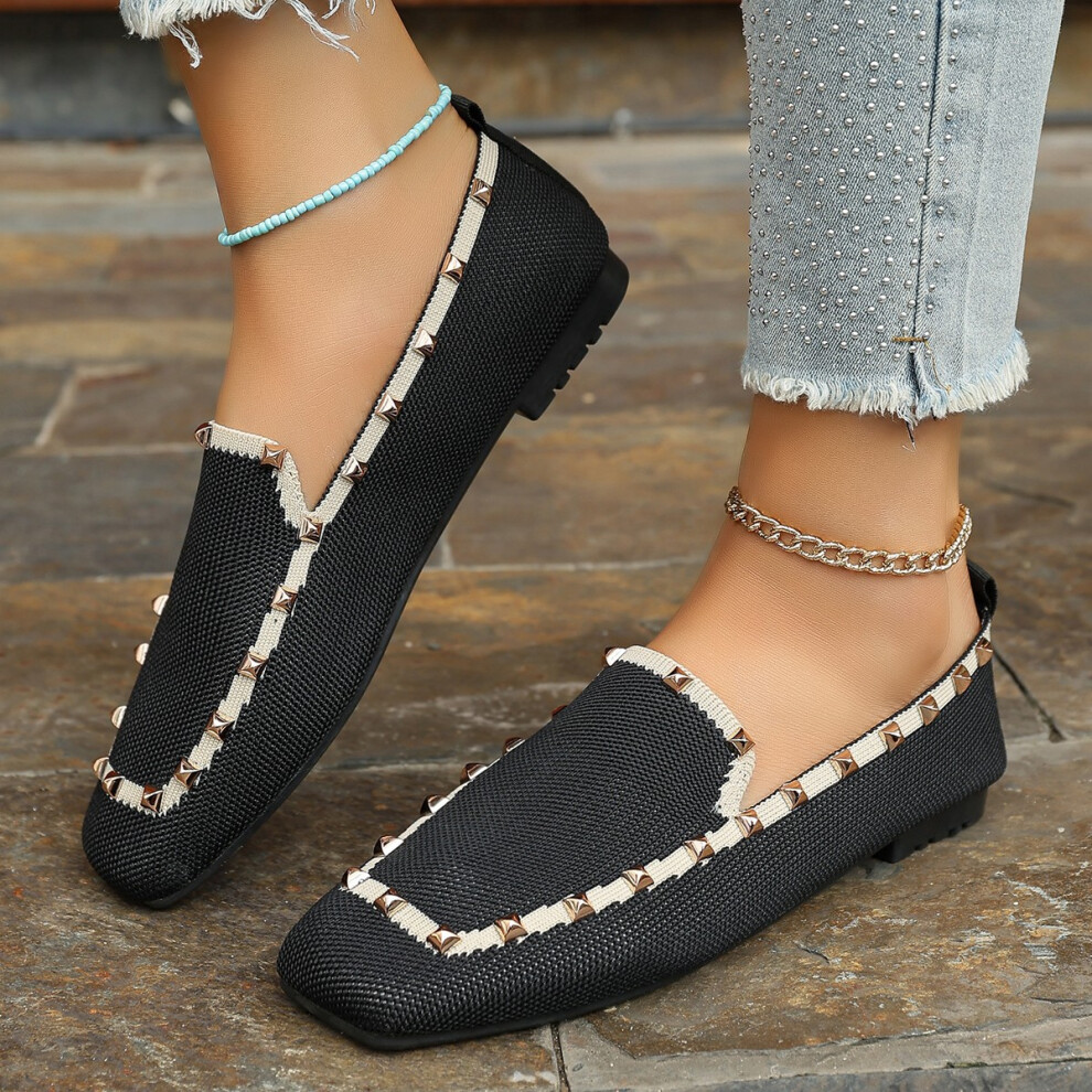 (Black, 42) Chic Breathable Knit Flat Shoes For Women With Studded Elements And Low Heel Comfort-image-OPC-PFJSJFZ-NEW