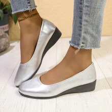 (Silver, 38) Quality Womens Premium Wedge Loafers With Stylish Stitching And Comfortable Midheight Heel For Daily Wear