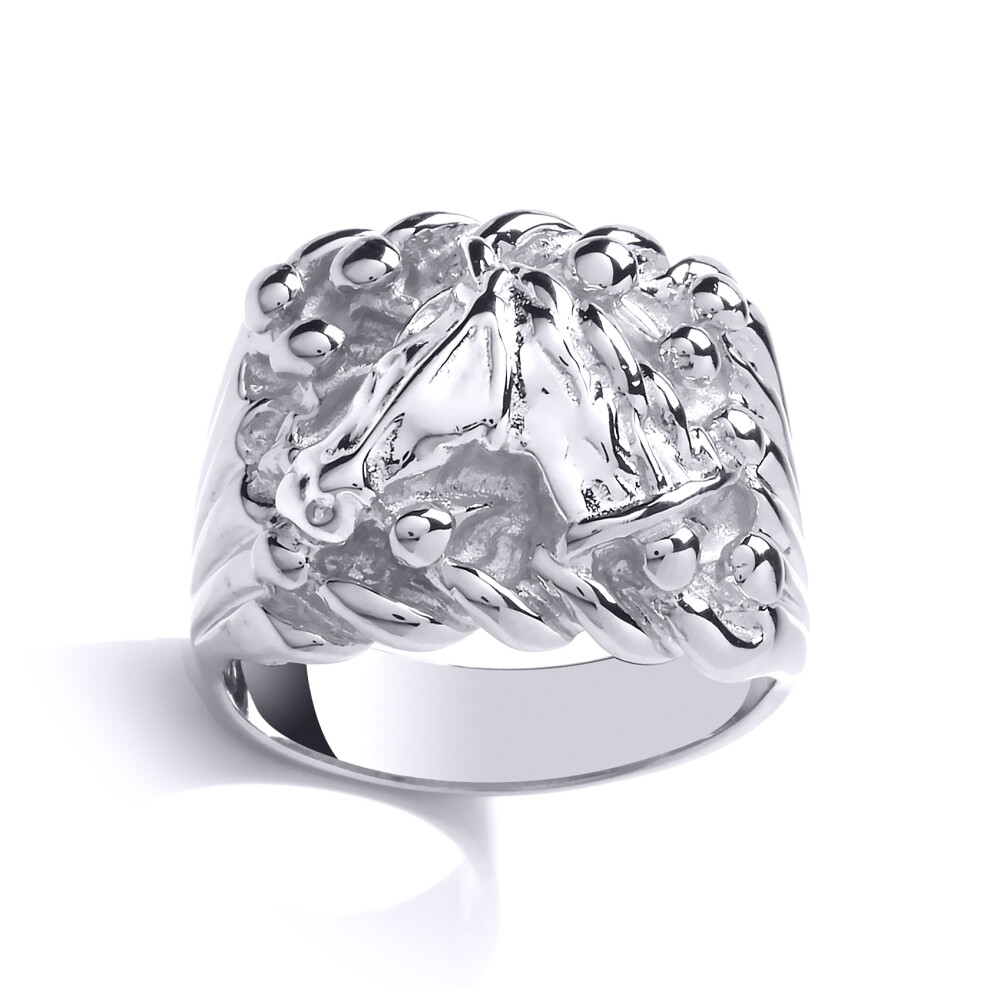 (V) Jewelco London Mens Sterling Silver Rope Edge King George III Keeper Guard Horse Head Signet Ring - GVR777