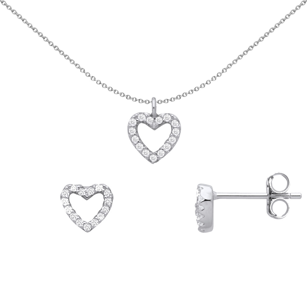 Jewelco London Ladies Rhodium Plated Sterling Silver CZ Love Heart Halo Earrings Necklace Set - GSET660
