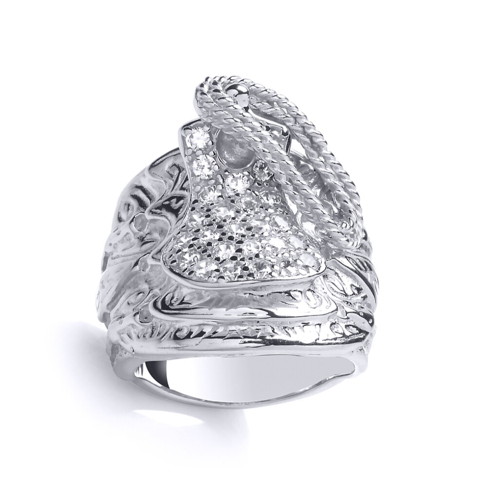 (V) Jewelco London Mens Sterling Silver Cubic Zirconia Carved Horse Saddle Signet Ring - GVR780