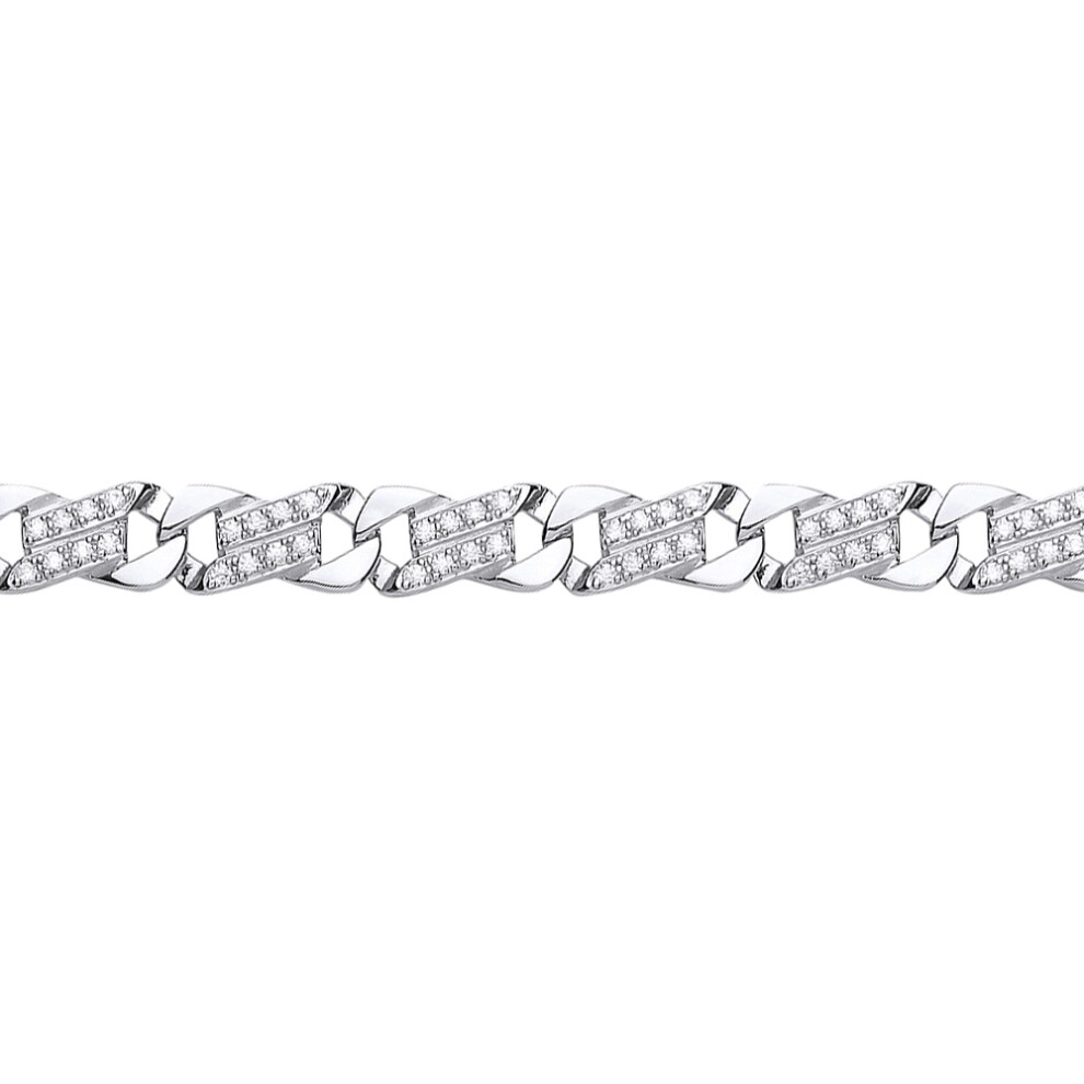 Jewelco London Mens Sterling Silver Cubic zirconia Carved Filigree Curb Cast Bracelet 9mm - GVB394