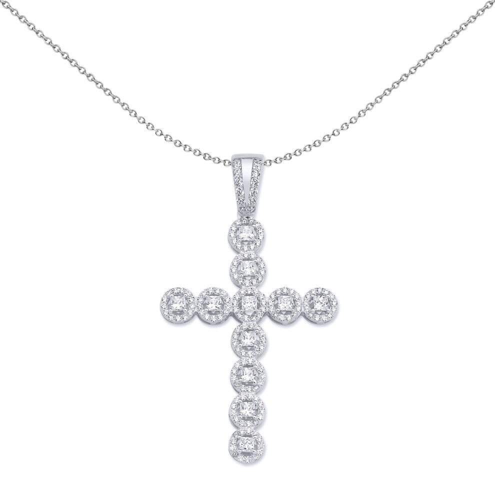 Jewelco London Ladies Sterling Silver Princess Cut Cubic Zirconia Bubble Halo Cross Pendant Necklace 18 inch - GVX043